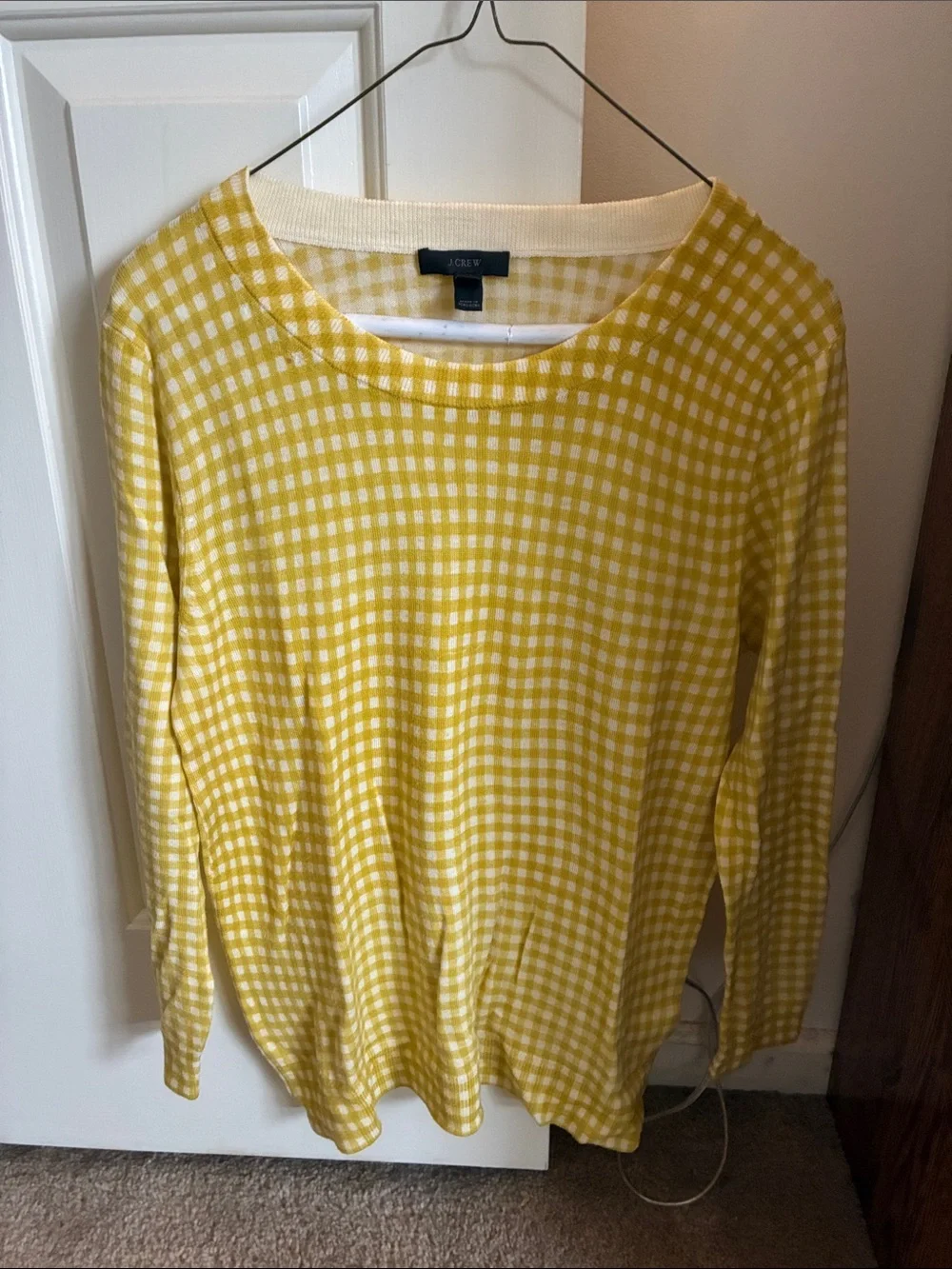 J. Crew Yellow and White Gingham Crewneck Sweater